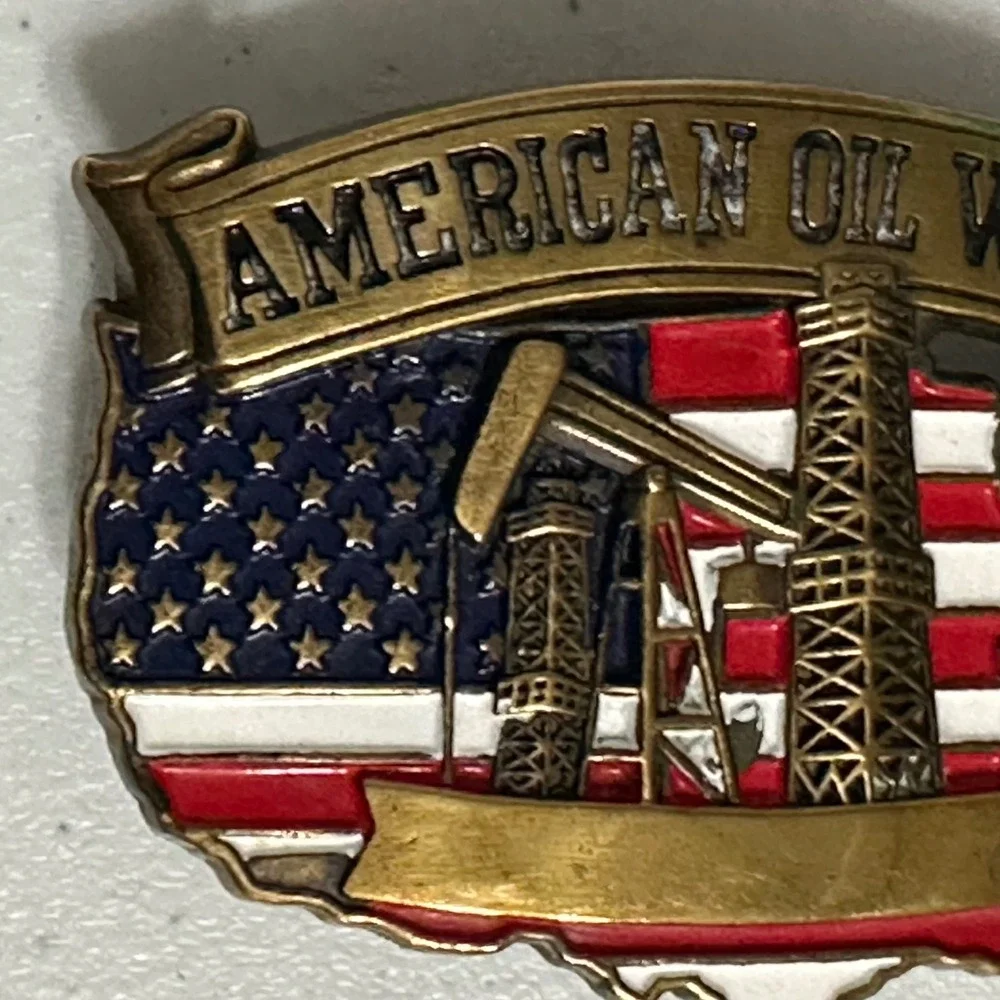 Baron American Oil Worker Belt Buckle Solid Brass Vintage '81 Americana USA Flag
